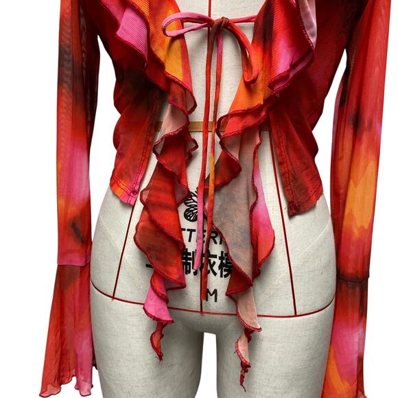 Vintage Windsor Womens Size L Printed Mesh Tie Front Ruffle Y2K Cardigan - Picture 4 of 9